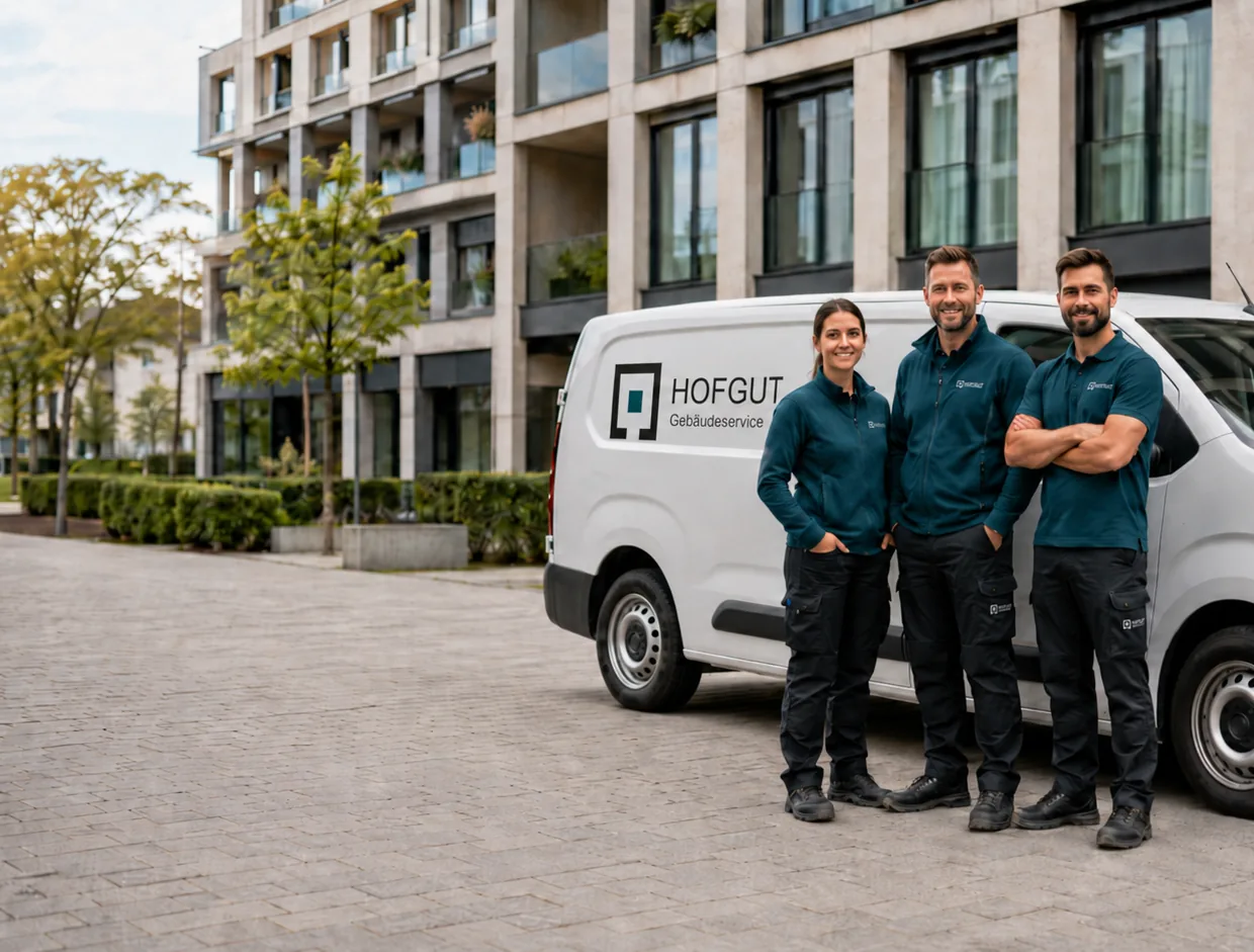 Das Team von HOFGUT Gebäudeservice vor dem Firmenfahrzeug in München