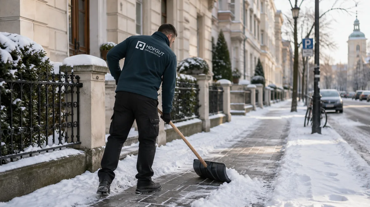 HOFGUT-Mitarbeiter räumt bei Schnee einen Gehweg vor einem Gebäude